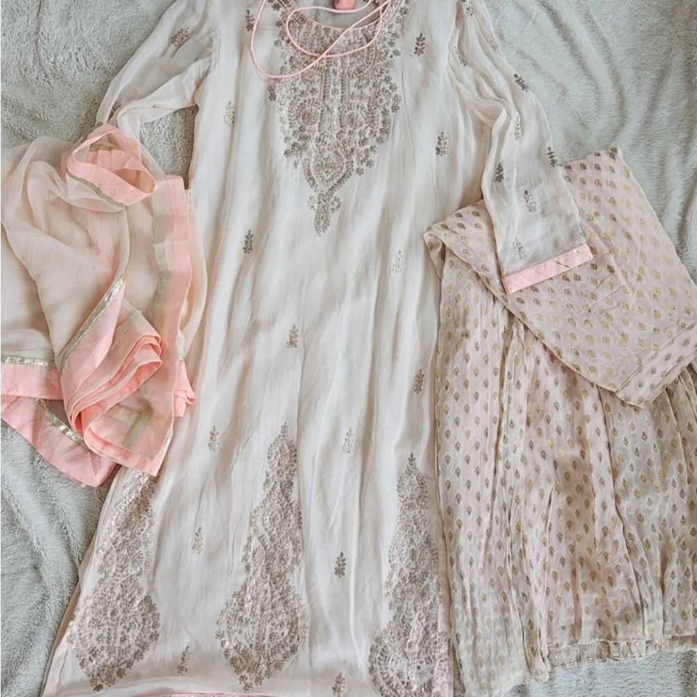 Elegant Cream and Soft Peachish Pink Embroidered Sharara Set